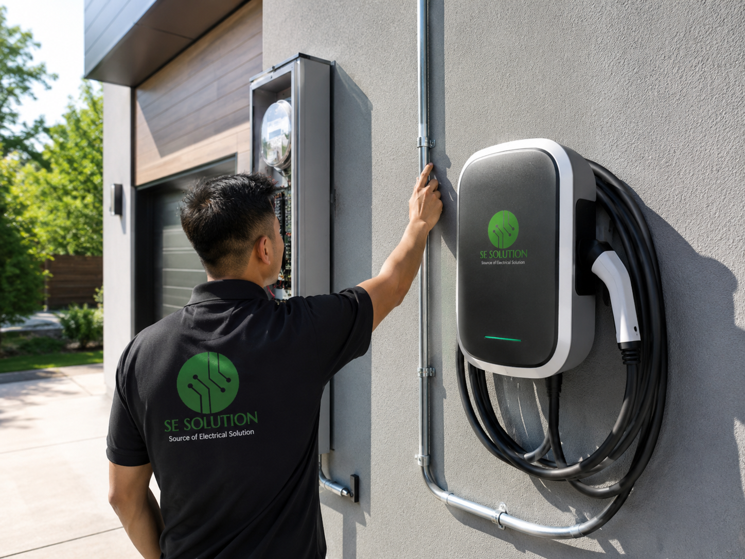 Outdoor EV charger installation near service equipment, Sterling Heights, MI