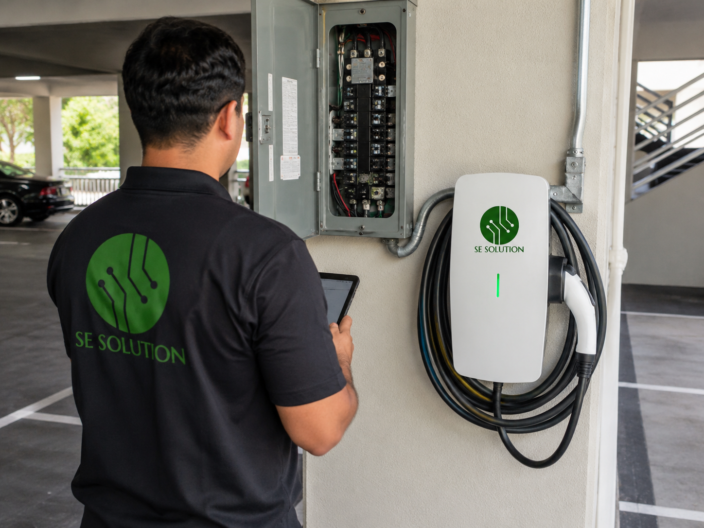 EV charger installation in a parking structure, Metro Detroit, MI