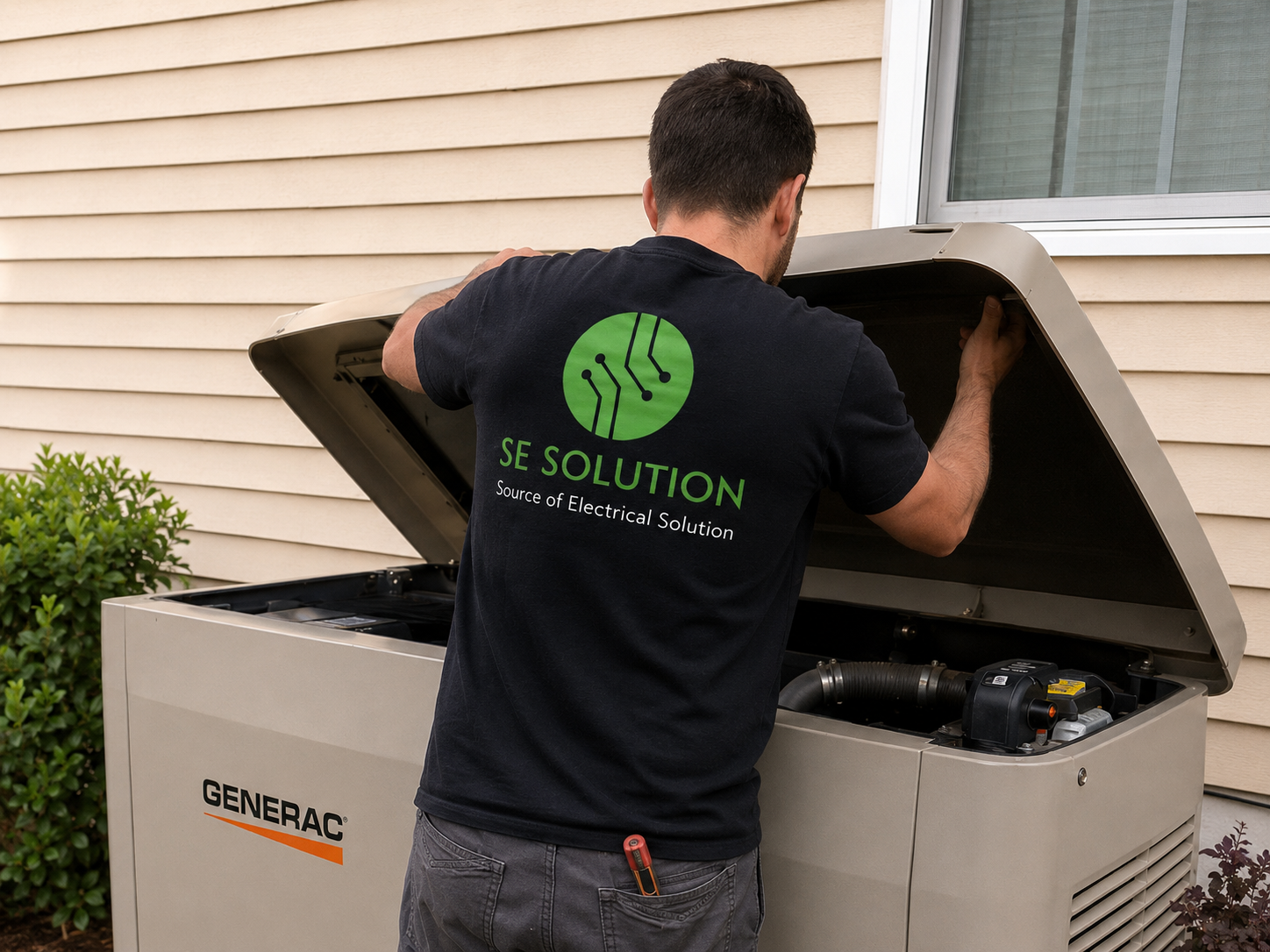 Technician servicing Generac standby generator on site, Metro Detroit, MI