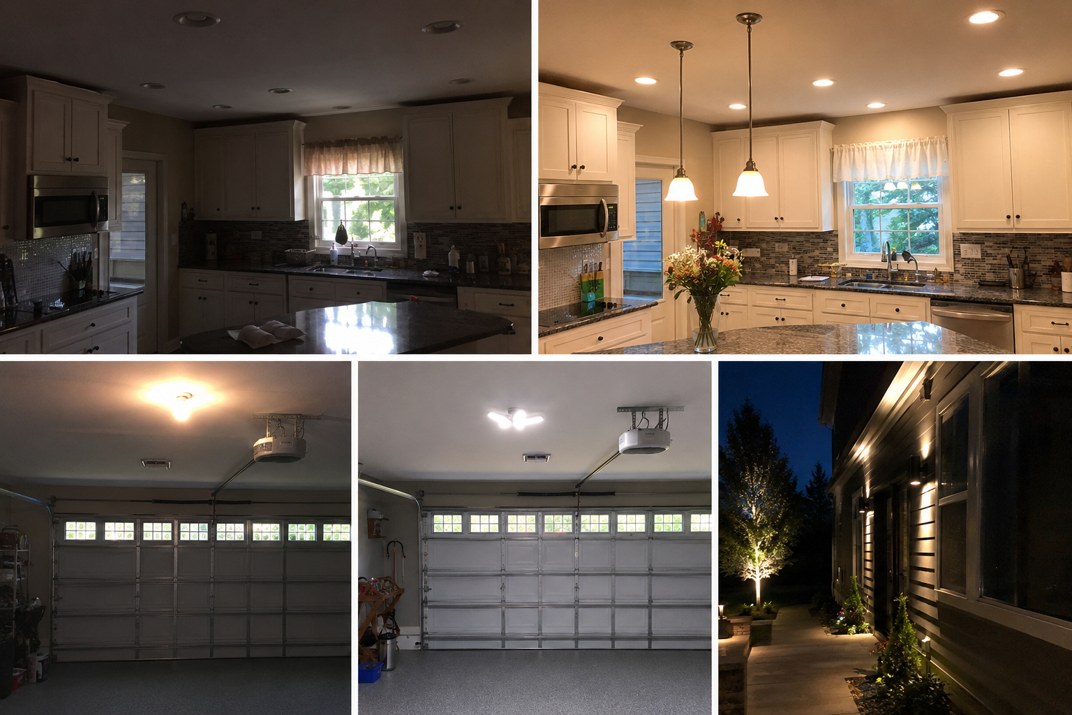 Before and after lighting upgrades for kitchen, garage, and outdoor areas, Metro Detroit, MI