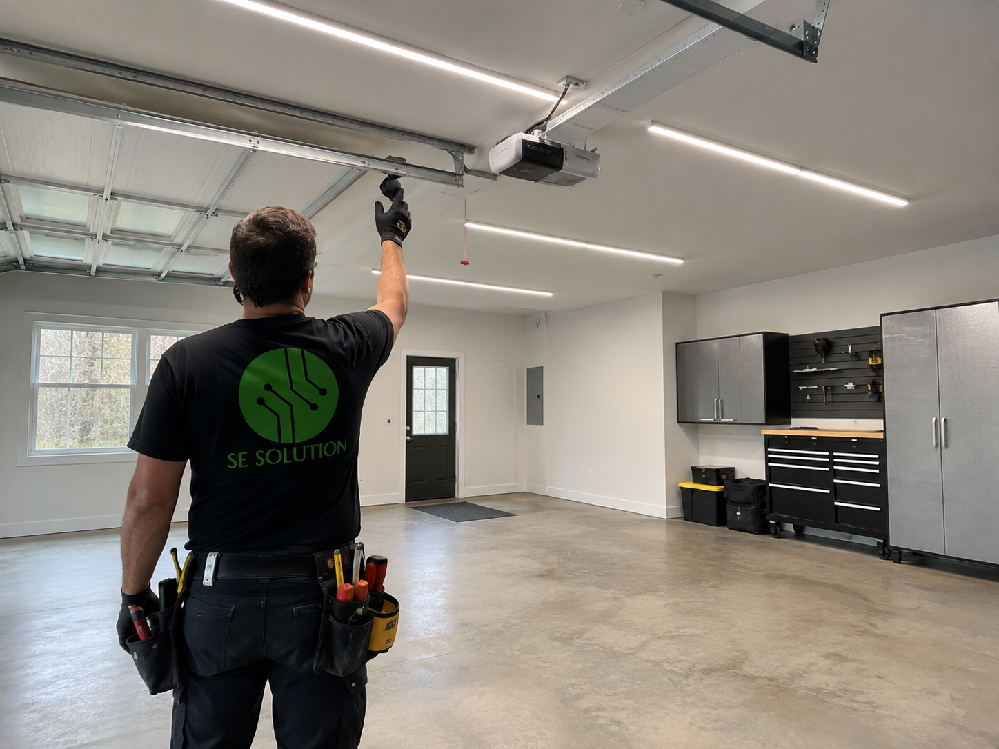 Garage with bright LED strip lighting installed