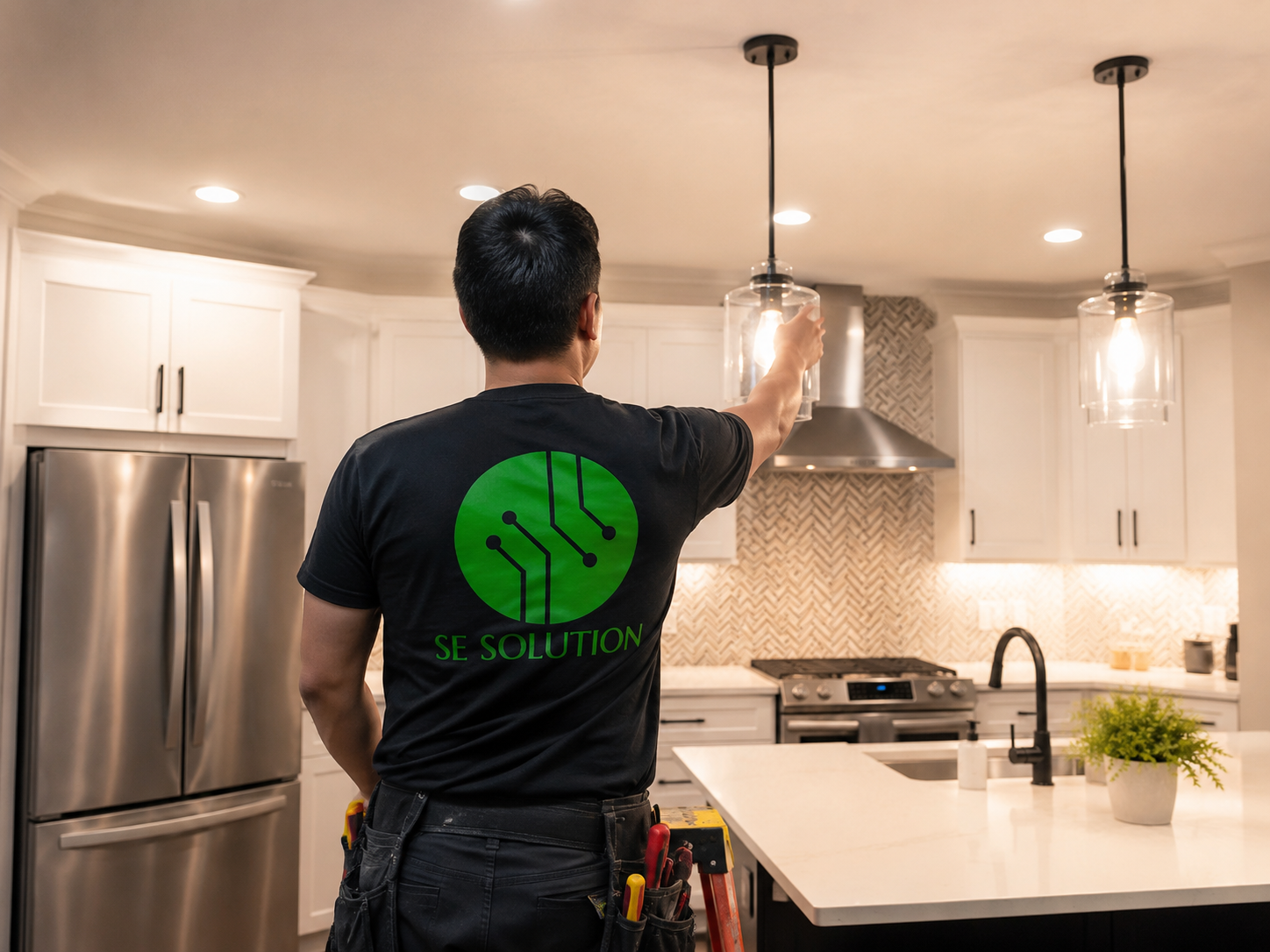 Electrician installing glass pendant lights over a kitchen island, Metro Detroit, MI