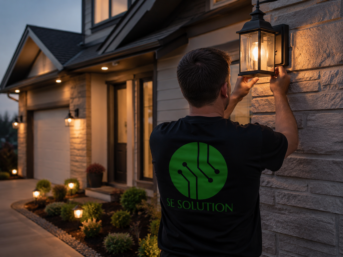 Outdoor wall lantern and landscape lighting at dusk