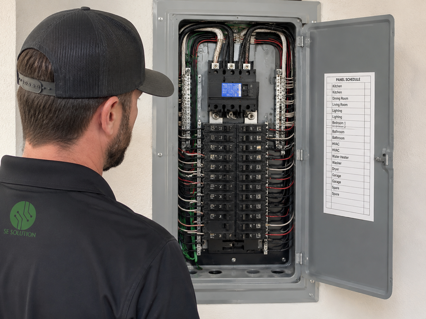 Upgraded electrical panel with clean routing and schedule