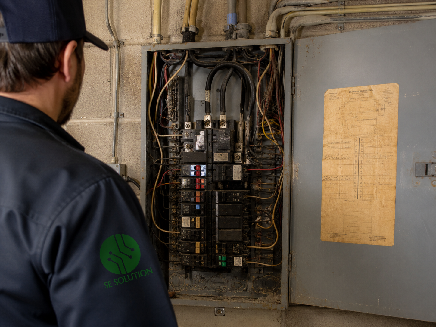Before: older electrical panel with dense wiring, Warren, MI