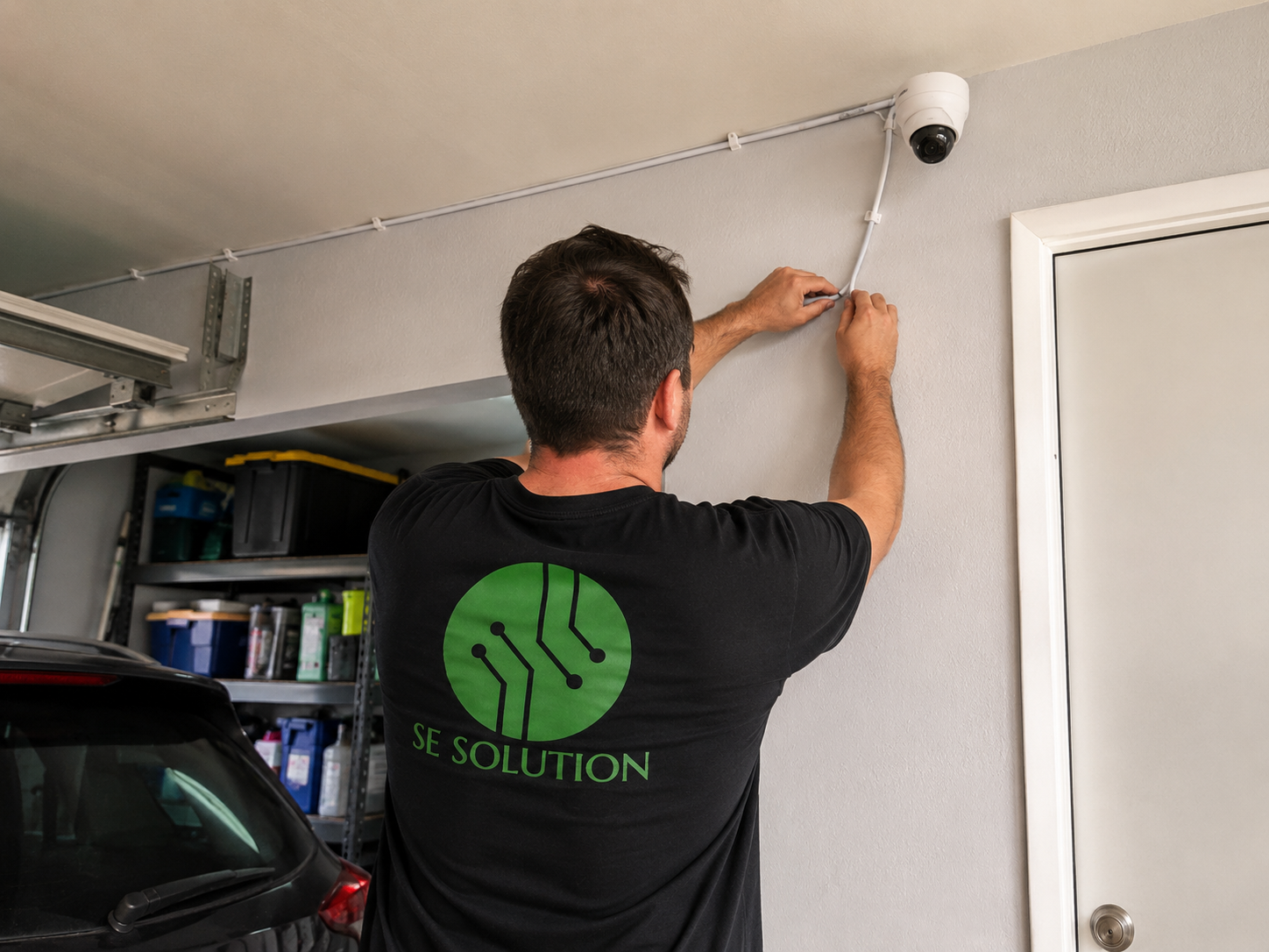 Neat security camera cable routing in residential garage
