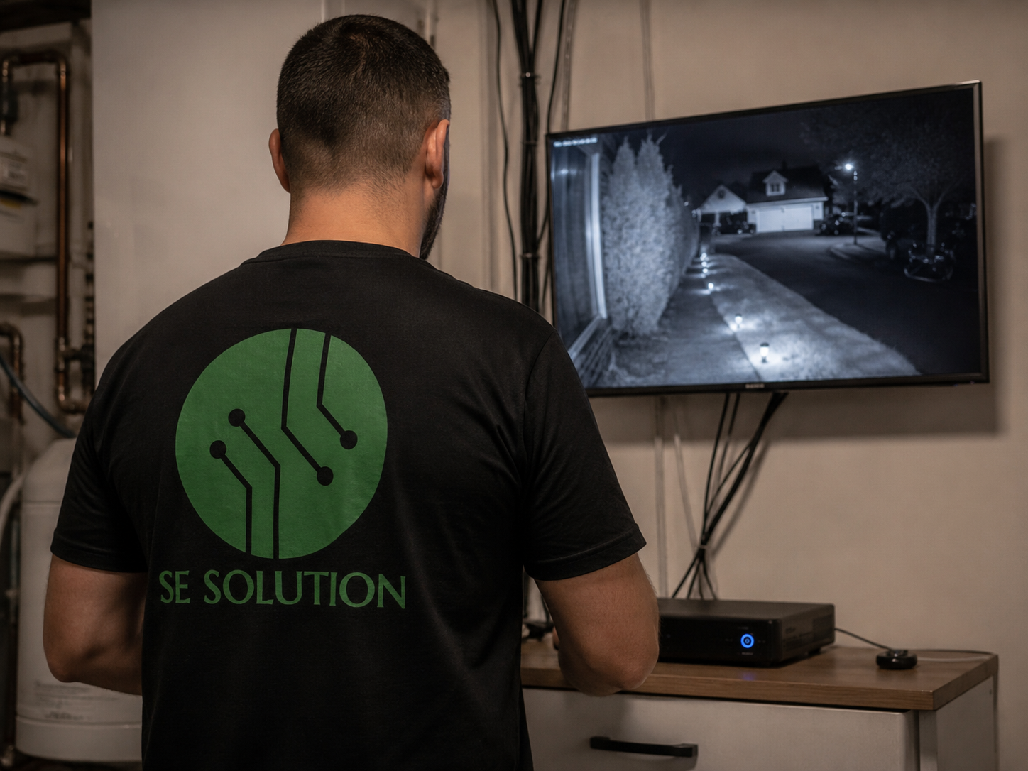 Wall monitor showing night-vision security camera feed with DVR, Metro Detroit, MI