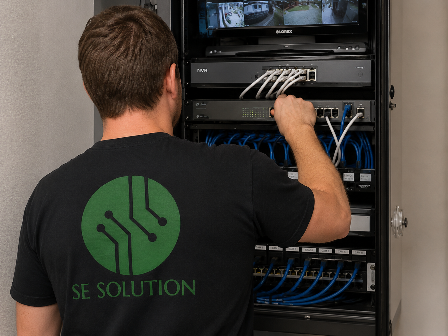 NVR rack with labeled patch panels and multi-camera monitor