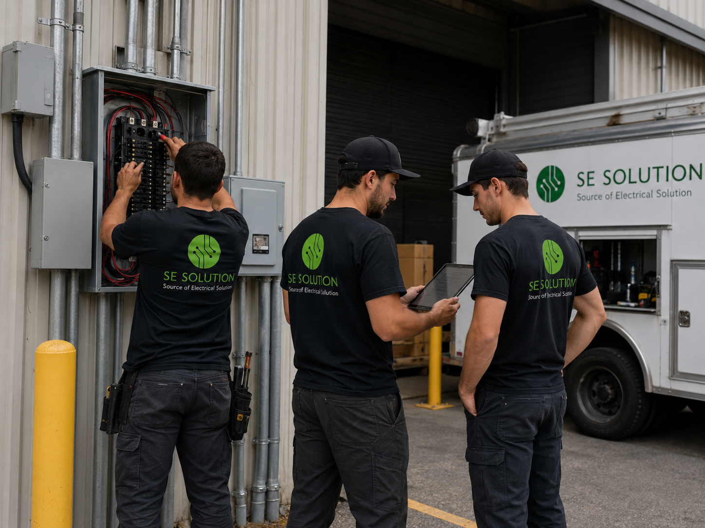 SE Solution crew working on exterior electrical panel with branded service truck, Metro Detroit, MI
