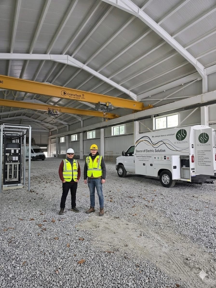 SE Solution electricians in hard hats at industrial warehouse