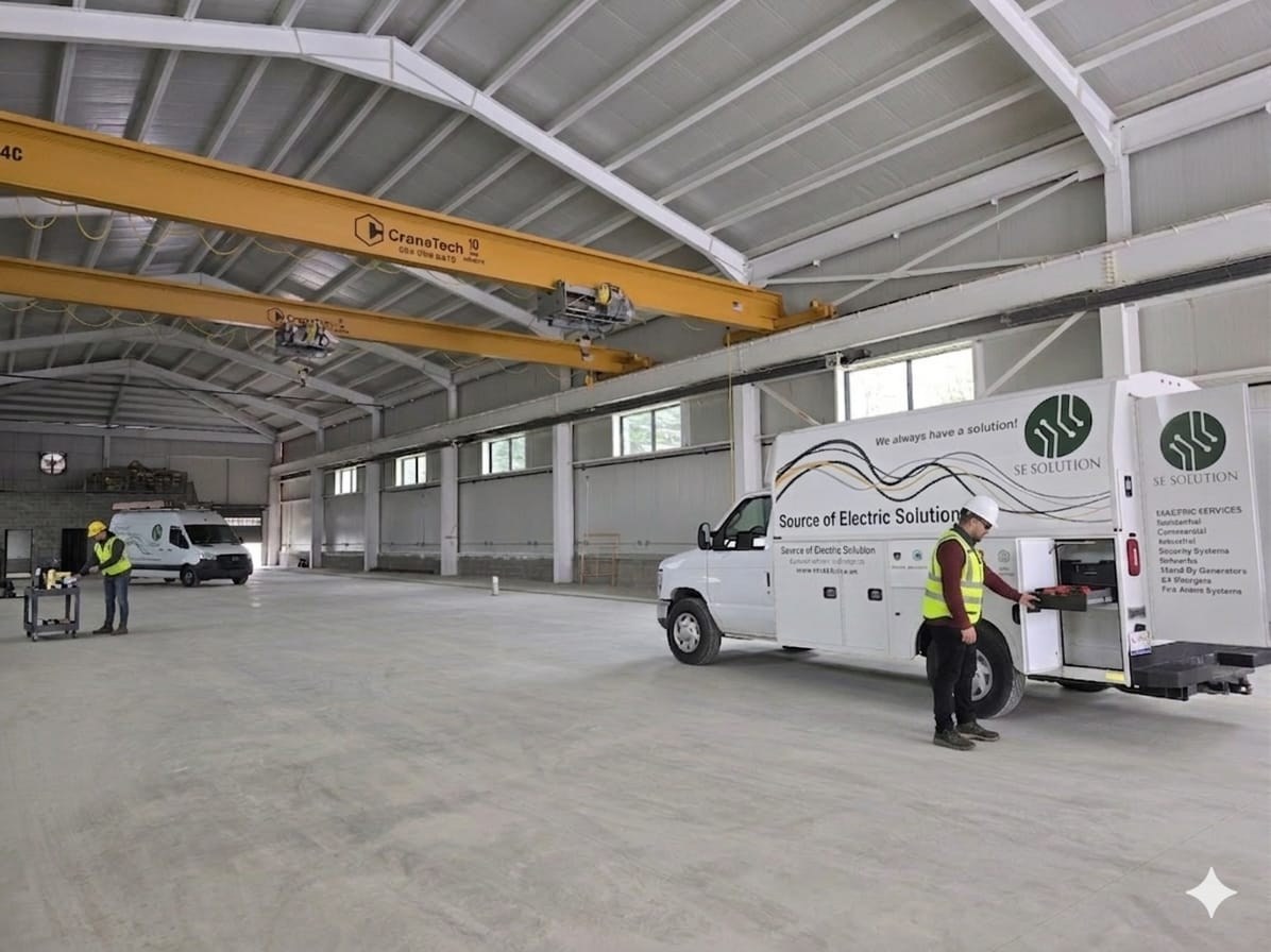 SE Solution crew preparing service truck inside industrial warehouse with overhead crane, Metro Detroit, MI
